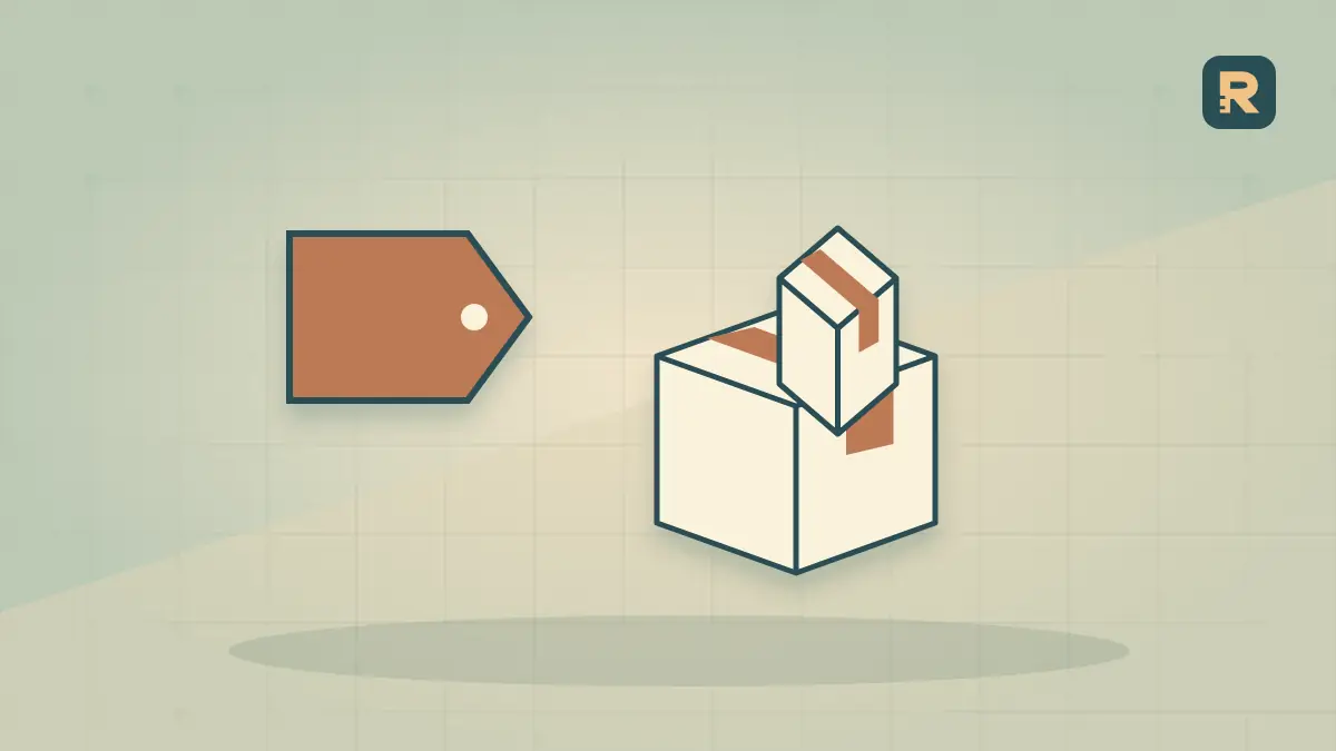 A copper price tag hangs over a stock drawer containing separate parcels; a price and available inventory are different.