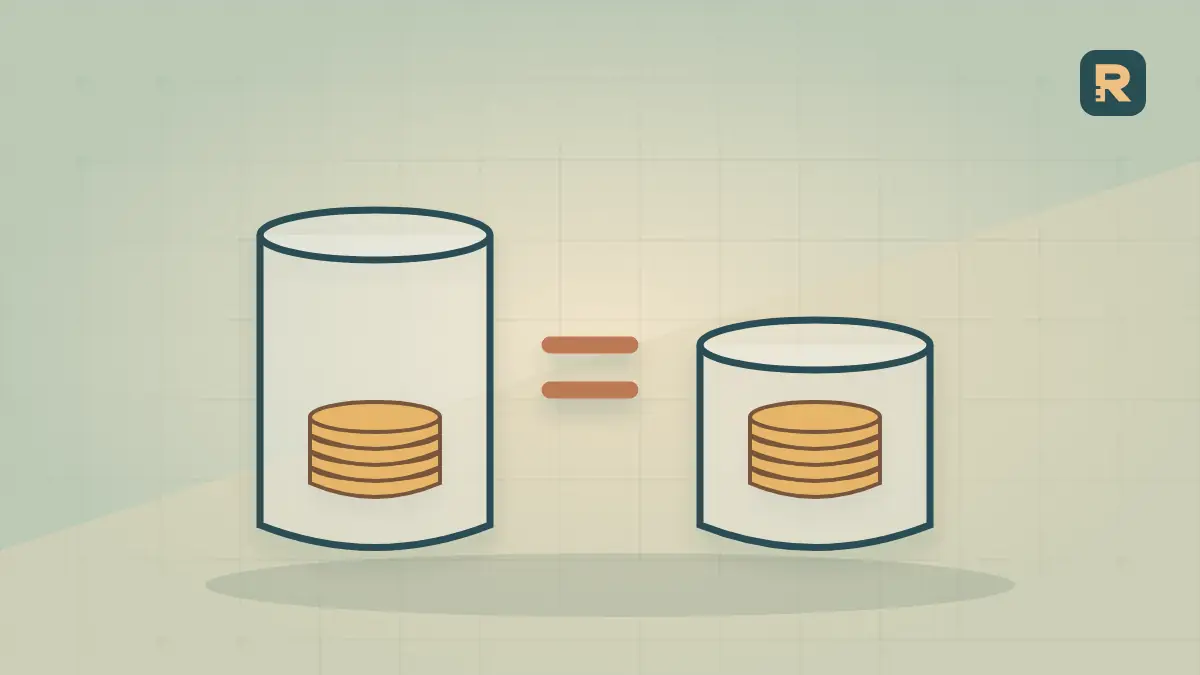 Two differently sized measuring vessels contain the same earnings in copper coins, illustrating page RPM and ad-impression RPM denominators.