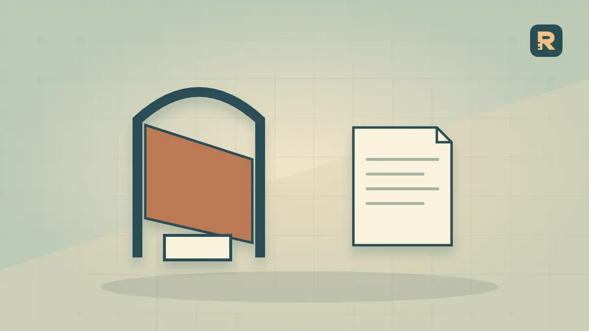 An open copper doorway frames an empty pedestal while a useful ledger sits outside; the doorway alone is not the content.