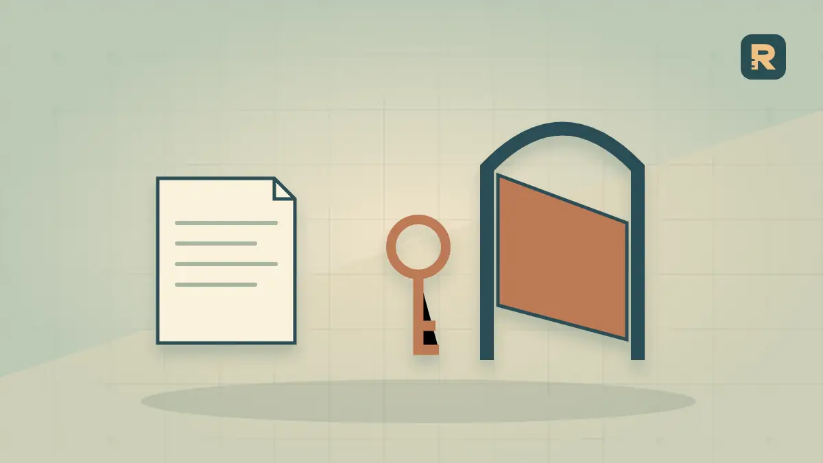 A ledger and separate identity key sit beside a gated doorway, illustrating site checks and account setup.