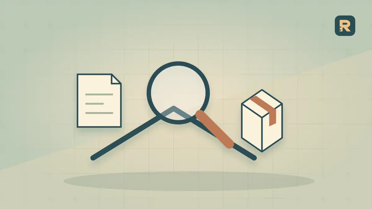 A magnifying lens examines branching paper paths to a parcel and a ledger, representing different query intentions.