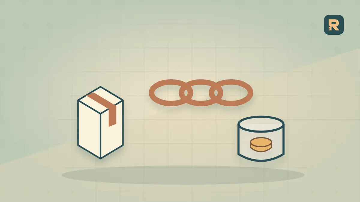 A copper chain ends above an almost empty tray while a product parcel sits apart; affiliate outcomes need their own evidence.