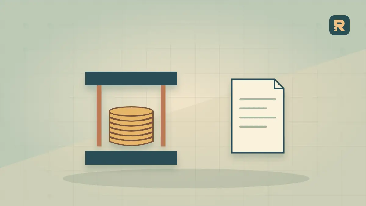 Two copper plates press on a stack of coins beside a paper ledger, a conceptual illustration of compressing valuation multiples.