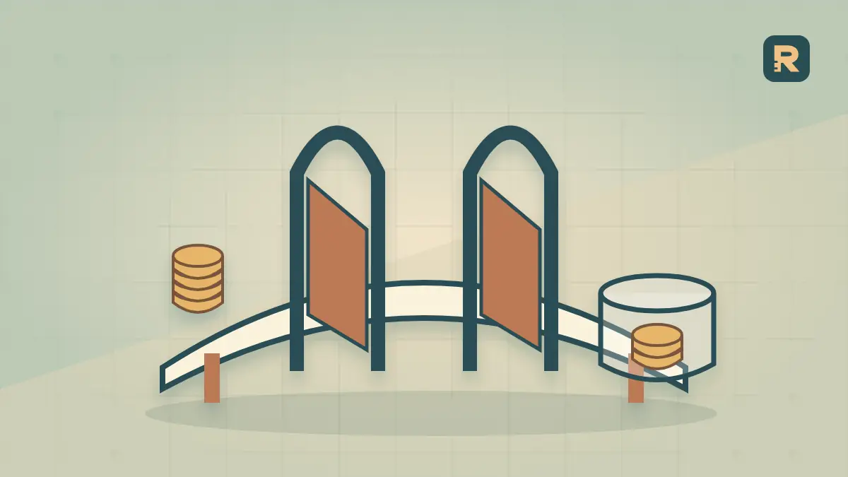 Coins cross a raised track through two copper toll gates before reaching a vessel, showing fees between a higher RPM and retained income.