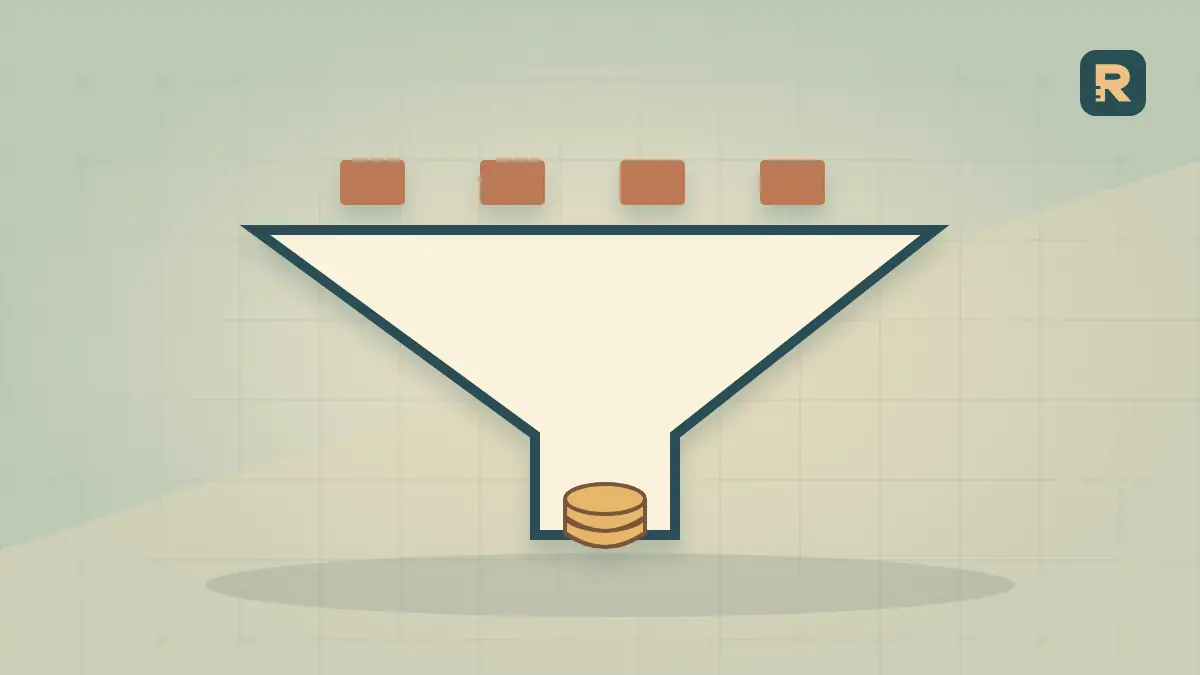 A broad funnel narrows many paper visitor tiles into a coin vessel, illustrating the traffic needed under an RPM assumption.