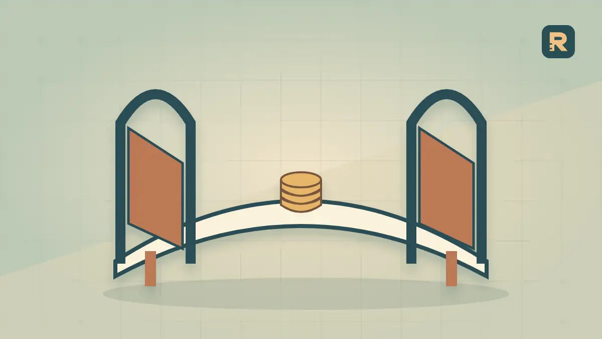 A folded paper bridge crosses a gap between two copper gates, representing separate steps in a publisher journey.