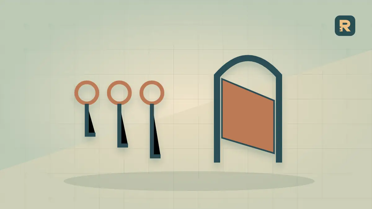 Several differently shaped mechanical keys sit beside a closed crawler gate, illustrating that crawler tokens need identification.