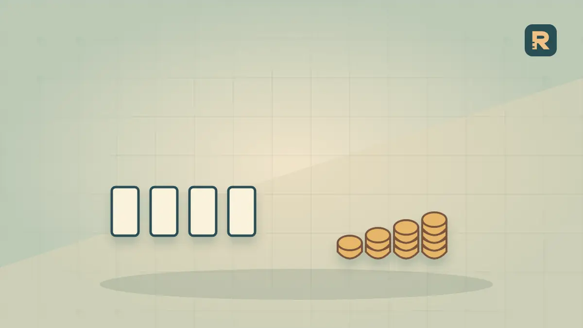 A level row of visitor tiles sits beside rising coin stacks, conceptually separating traffic from advertising rates.