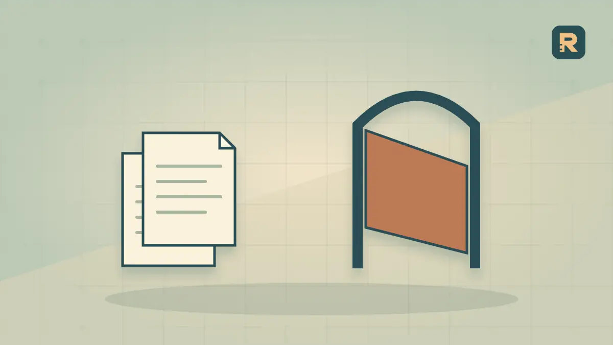 A stack of page-shaped cards approaches a copper measuring gate, representing pageviews as a distinct entry unit.