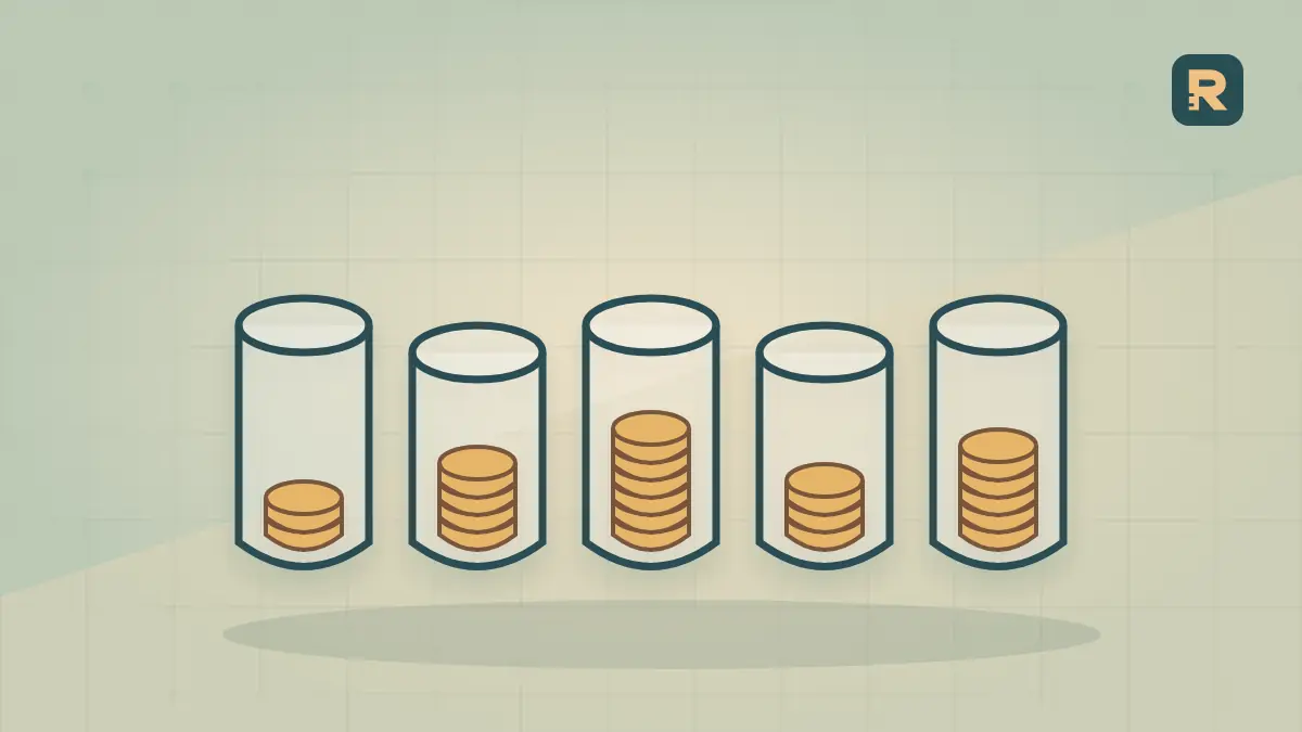Separate copper coin stacks sit in several labelled-by-shape paper compartments, representing a distribution across sites, not a forecast.