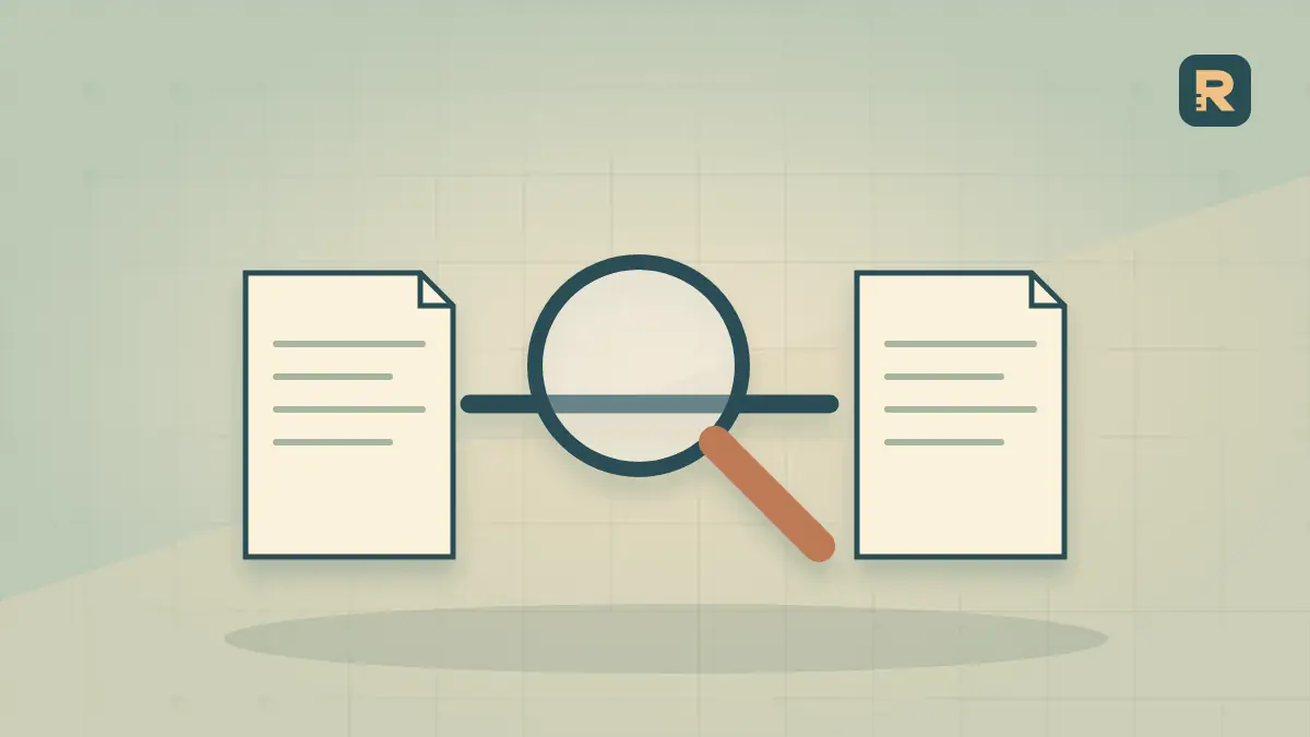Two paper ledgers are connected through a copper inspection lens, representing a seller-record cross-check.