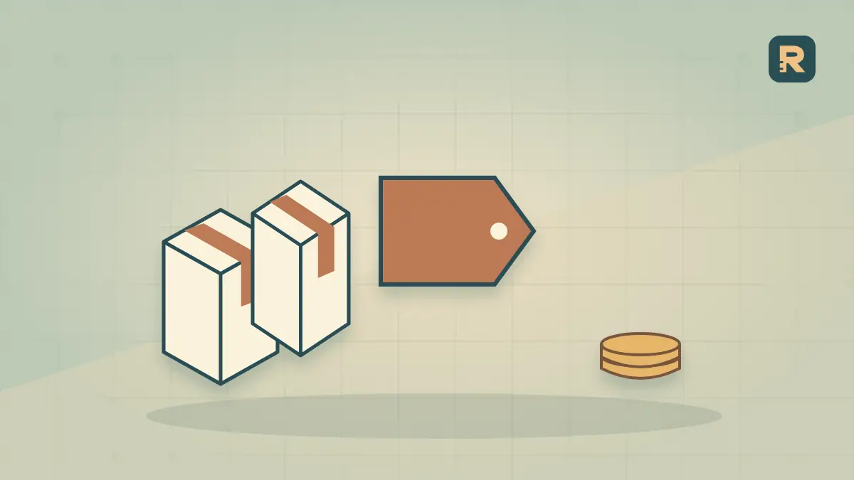 A copper sale tag bridges stocked cartons and a smaller coin tray, illustrating the contribution cost of an inventory discount.