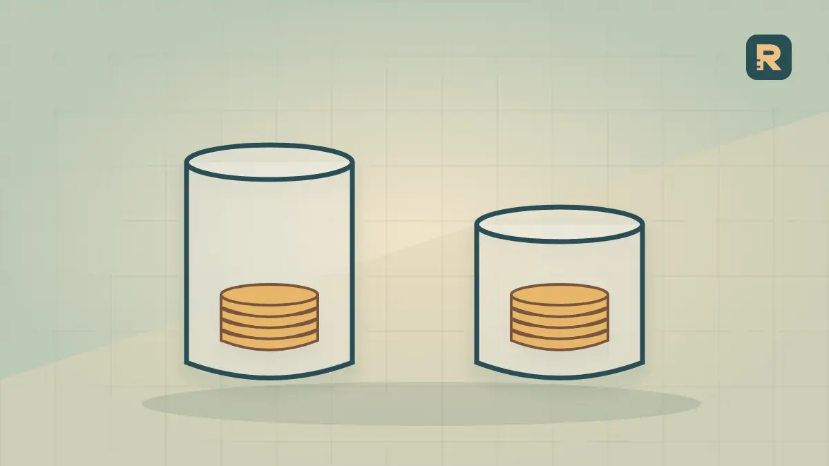Two measuring vessels hold equal copper coin stacks against different capacities, illustrating product margin and markup denominators.