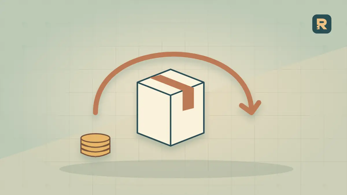 A parcel sits within a broad return loop while a detached copper coin remains outside, representing retained costs after a refund.