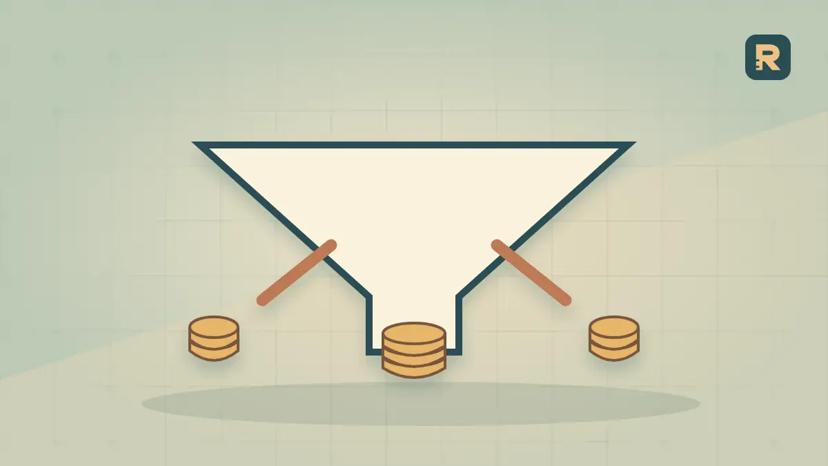 A copper funnel has side outlets that divert coins before the remainder reaches a vessel, illustrating costs between revenue and contribution.