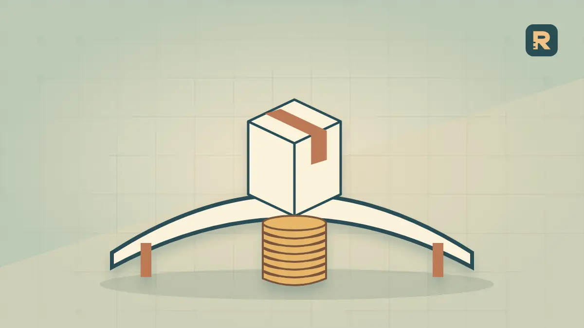 A delivery parcel rests on a paper bridge supported by a copper coin pillar, illustrating a cost-based free-shipping threshold.