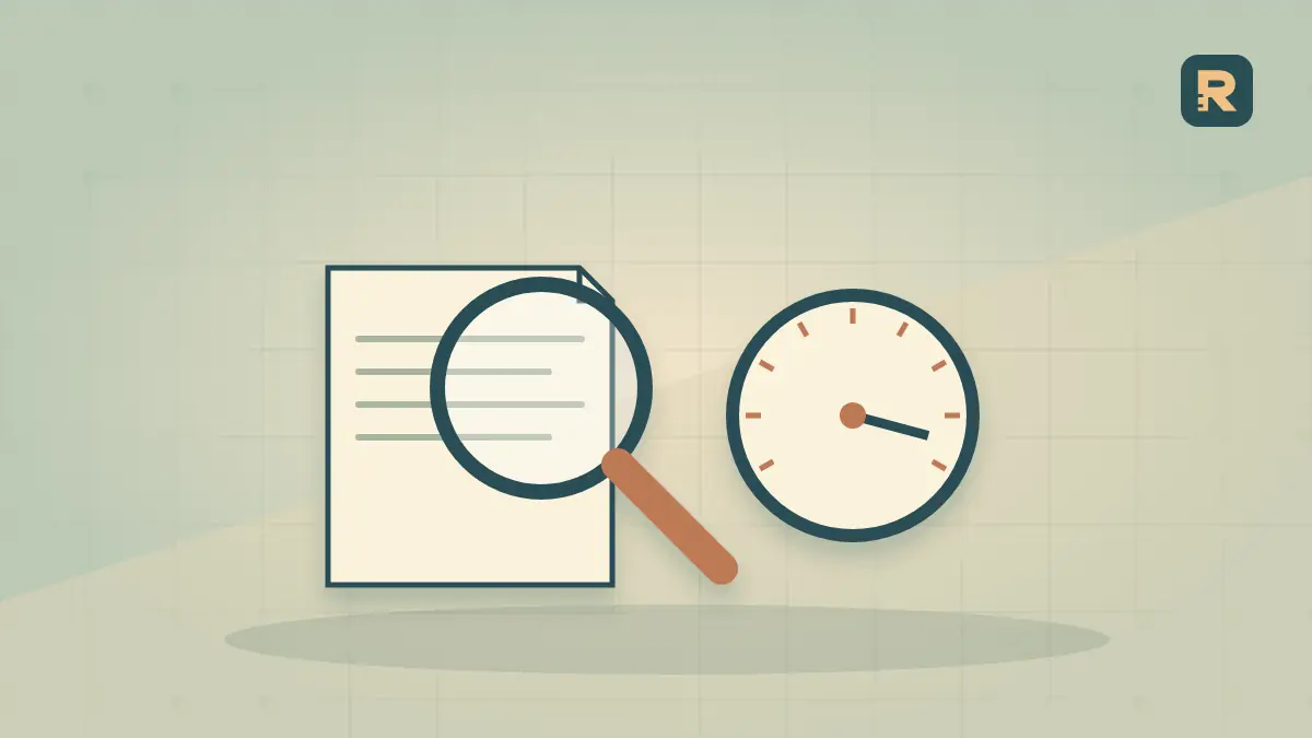A lens reveals gears beneath a paper report beside a manual control, illustrating checking the method behind a tool.