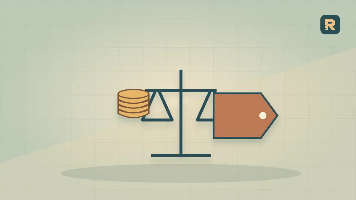 An income vessel and a price tag sit on separate sides of a balance, showing revenue and asking valuation as different measures.